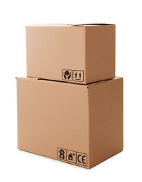 Image of Cardboard parcels with different packing symbols on white background  