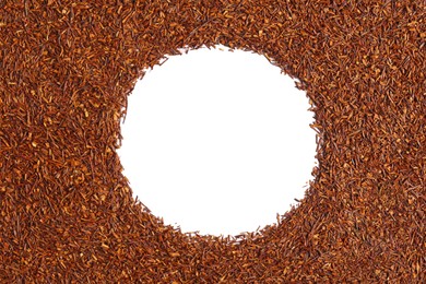 Photo of Frame made of dry rooibos tea leaves on white background, flat lay. Space for text