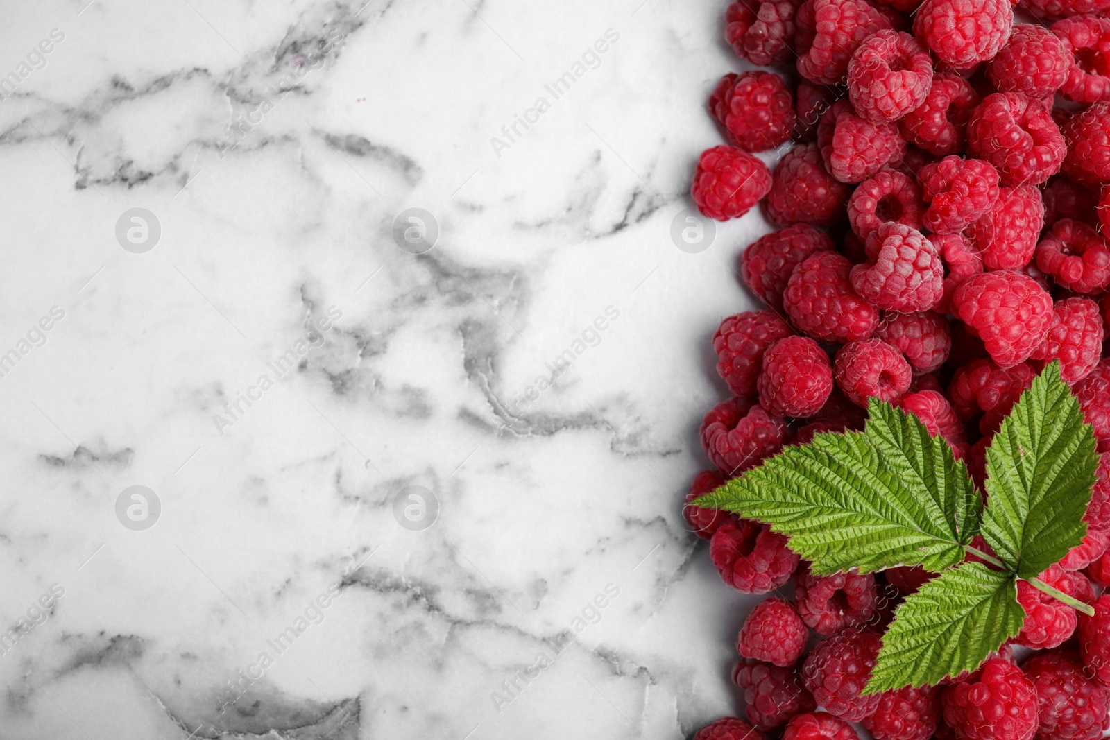 Photo of Fresh ripe raspberries with green leaves on white marble table, flat lay. Space for text