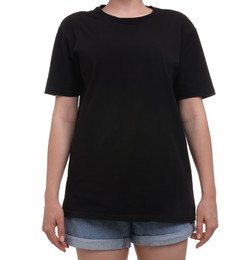 Photo of Woman in stylish black t-shirt on white background, closeup