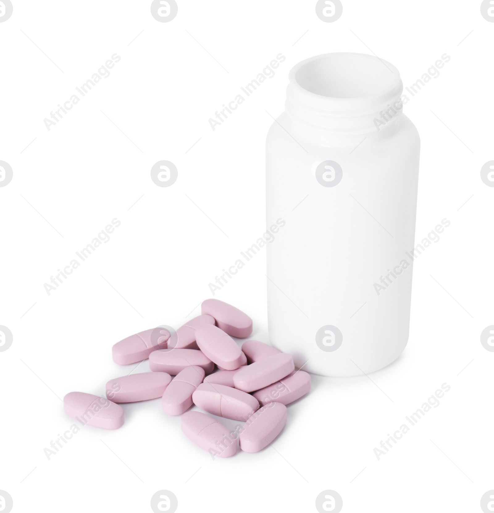 Photo of Bottle and pile of vitamin pills isolated on white