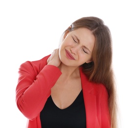 Photo of Woman suffering from neck pain on white background