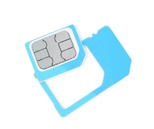 Light blue SIM card isolated on white, top view