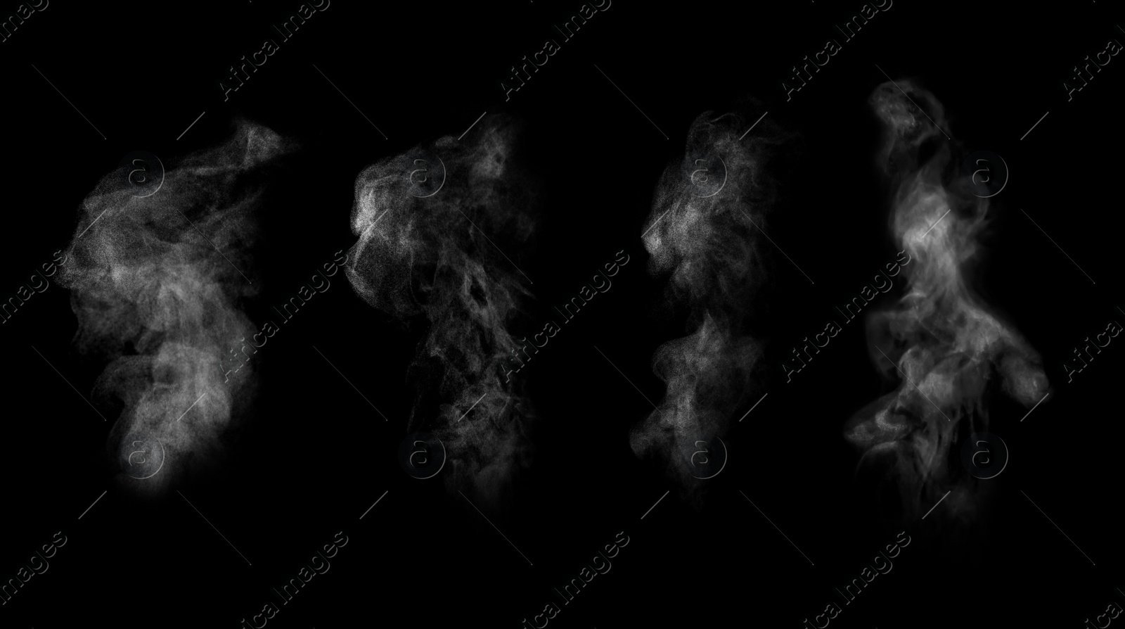 Image of White steam columns rising on black background, collage. Banner design