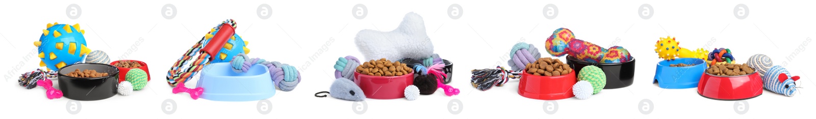 Image of Set with feeding bowls and toys for pet on white background. Banner design