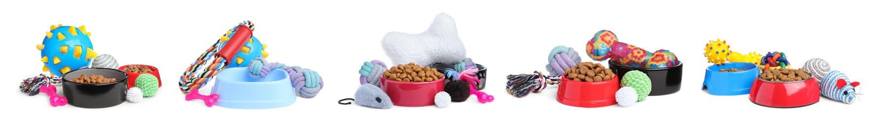 Image of Set with feeding bowls and toys for pet on white background. Banner design