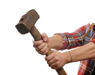 Man with sledgehammer on white background, closeup