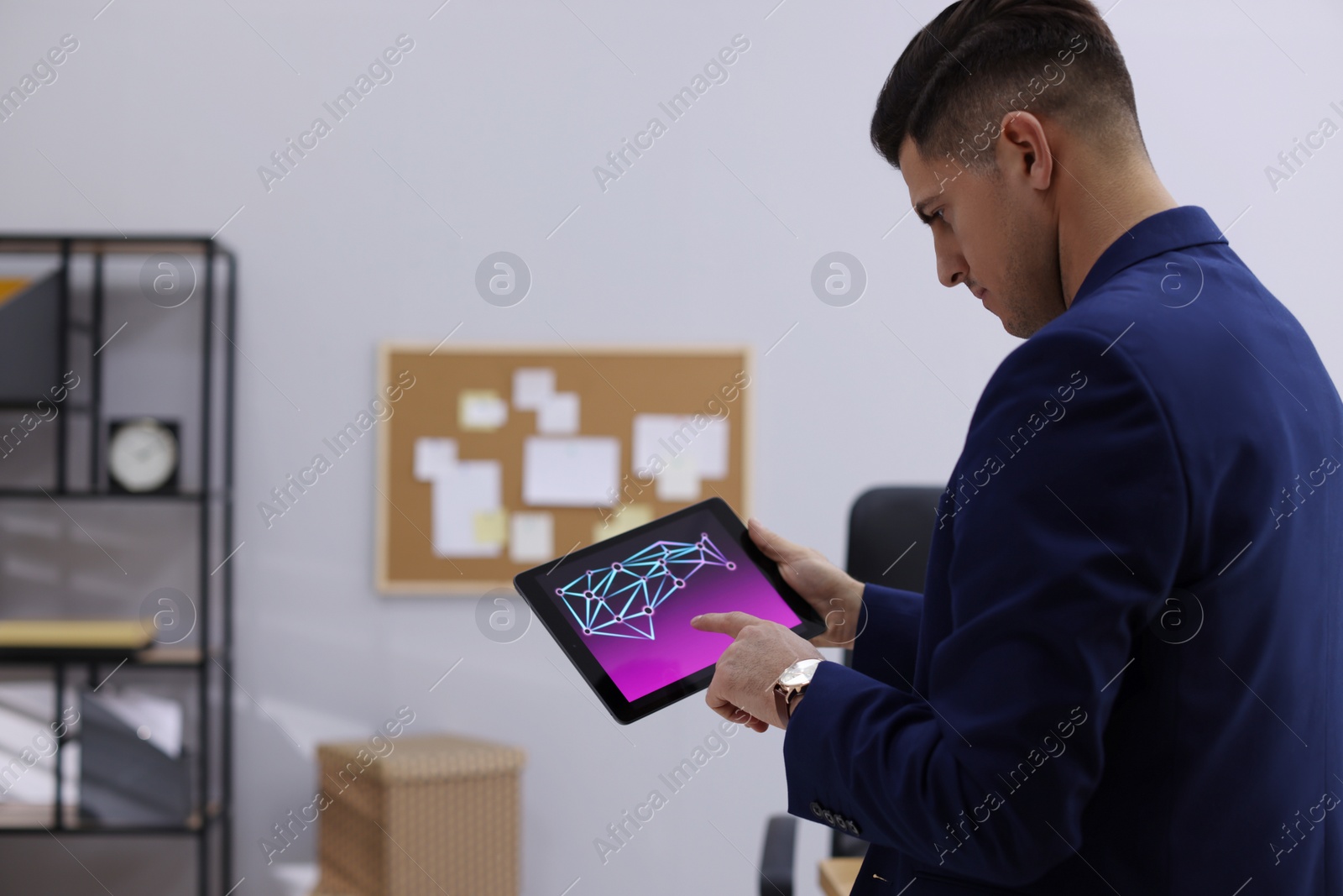 Photo of Businessman working with tablet in office, space for text. Forex trading