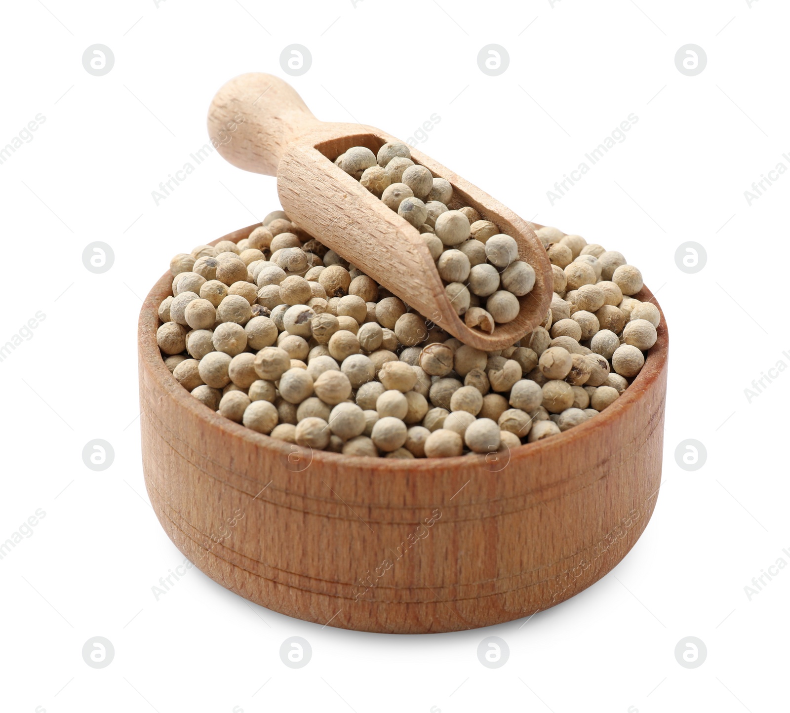 Photo of Aromatic spice. Many peppercorns in bowl and scoop isolated on white