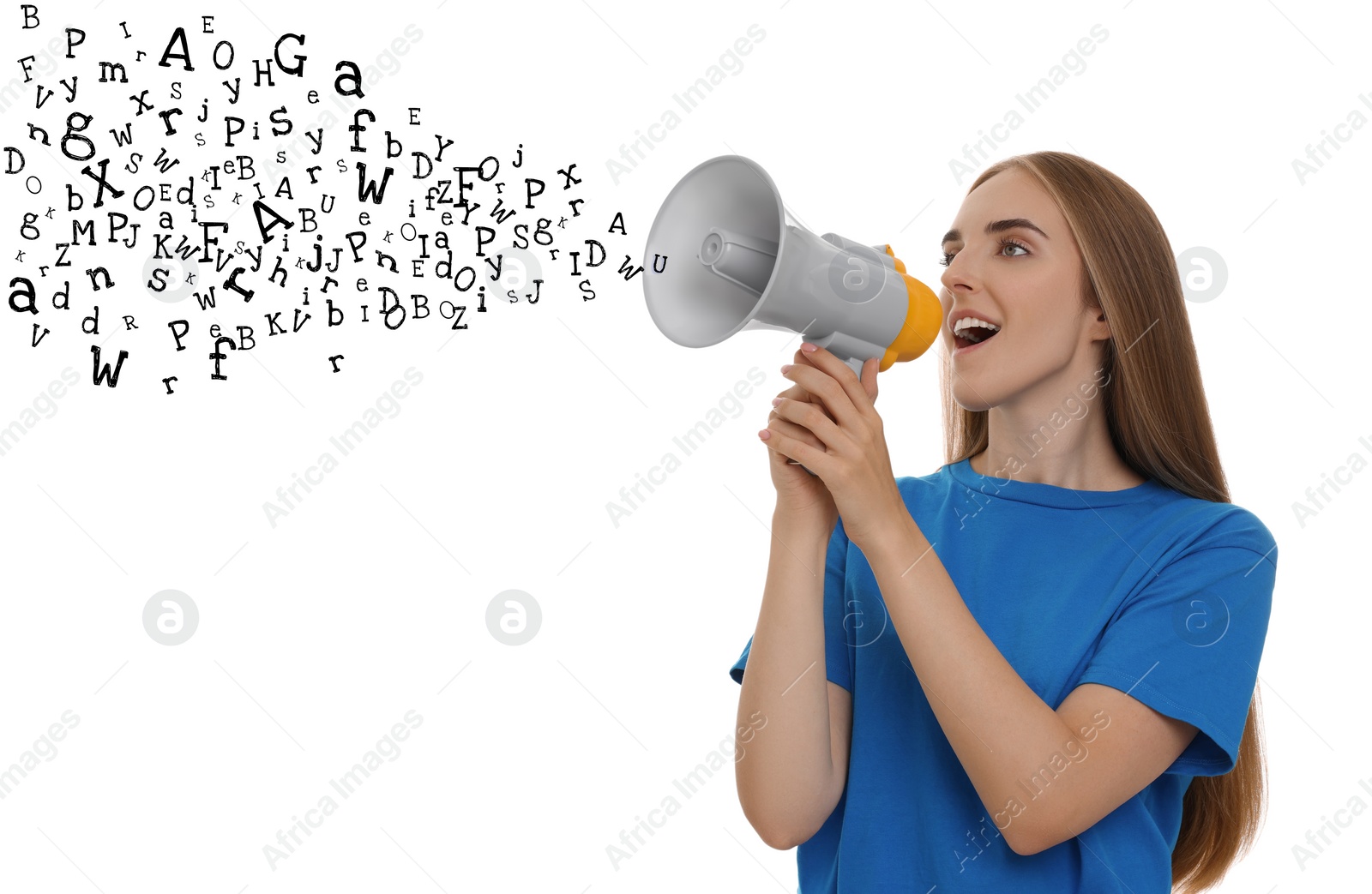 Image of Woman using megaphone on white background. Letters flying out of device