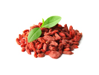 Photo of Pile of dried goji berries and leaves on white background