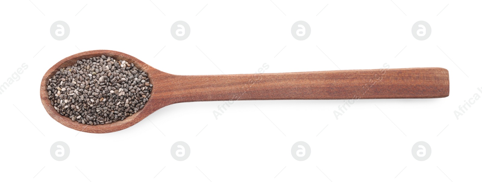 Photo of Wooden spoon with chia seeds on white background, top view