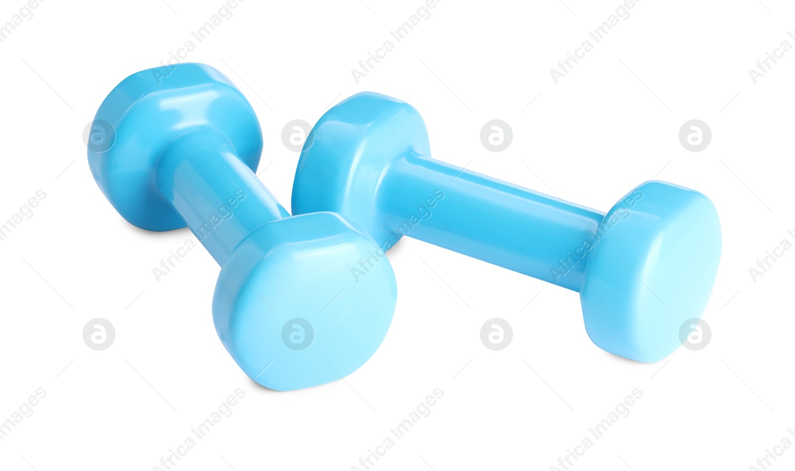 Photo of Light blue dumbbells isolated on white. Sports equipment