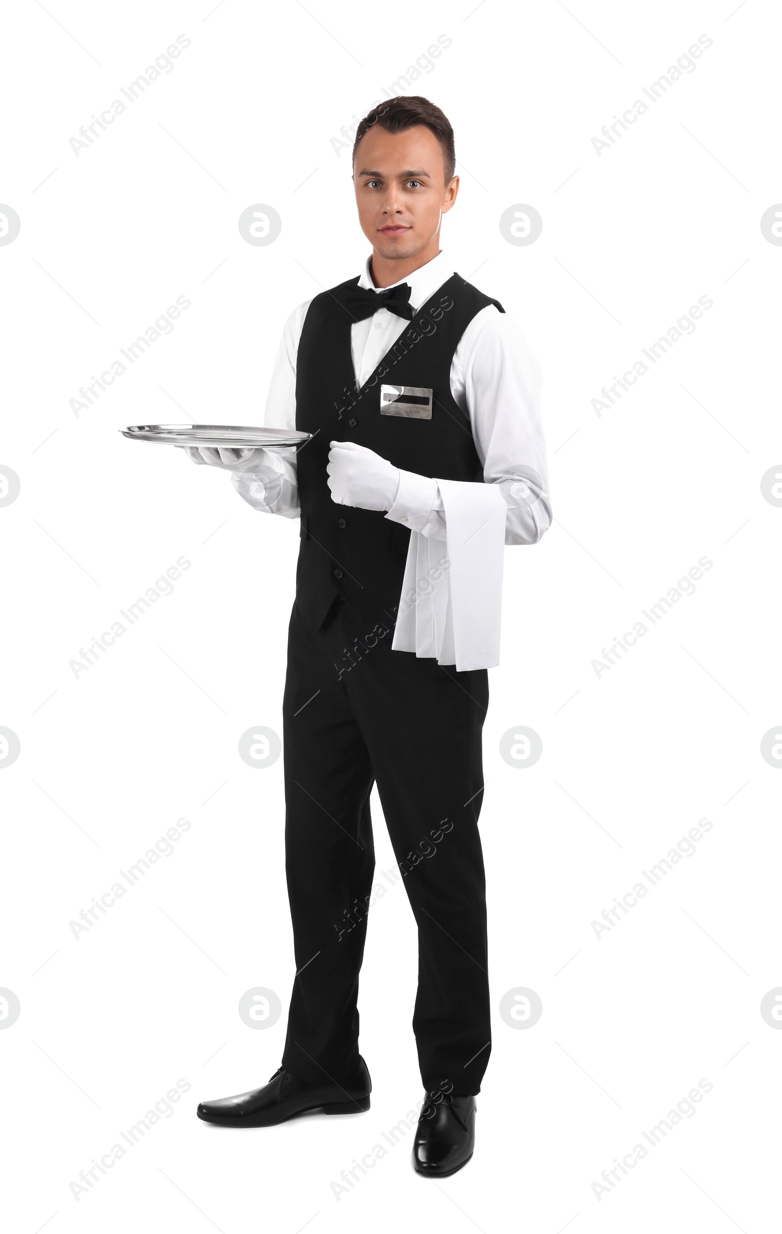 Photo of Waiter holding metal tray on white background