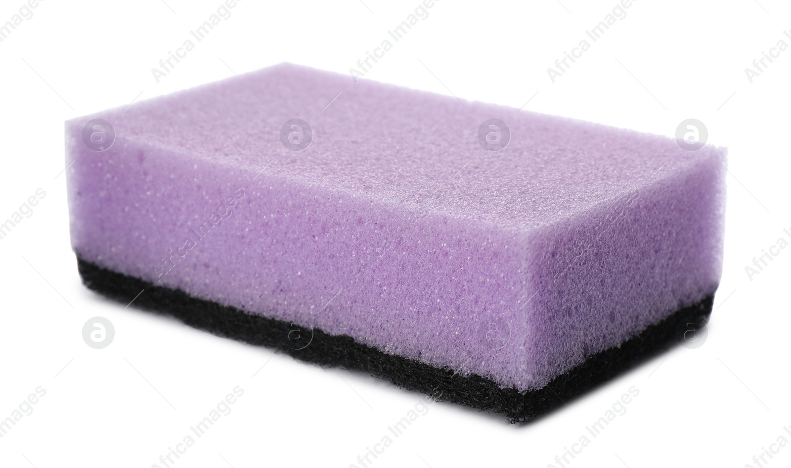 Photo of Purple cleaning sponge with abrasive black scourer isolated on white