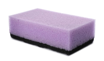 Purple cleaning sponge with abrasive black scourer isolated on white