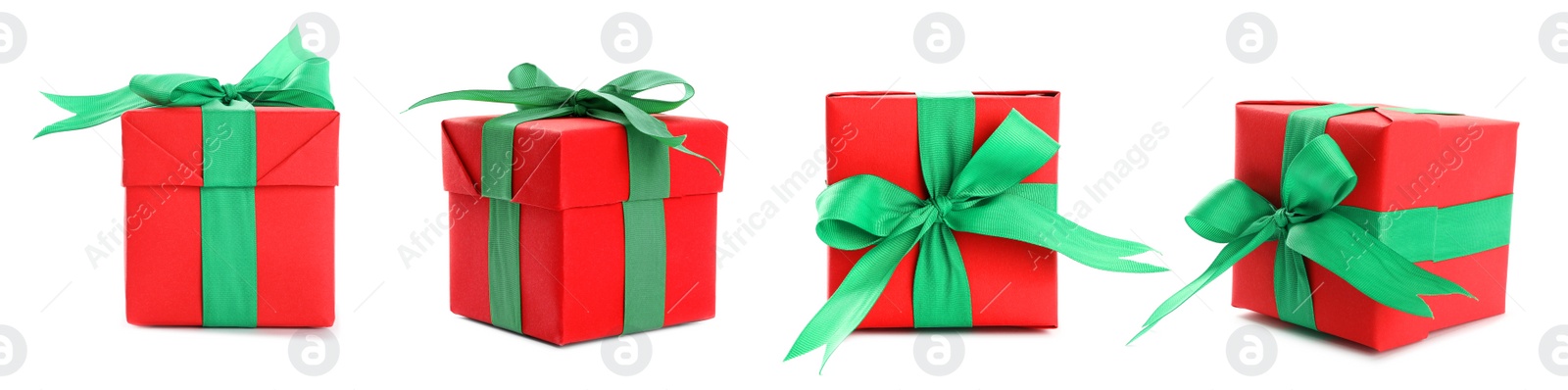 Image of Collage with Christmas gift box on white background, views from different sides. Banner design 