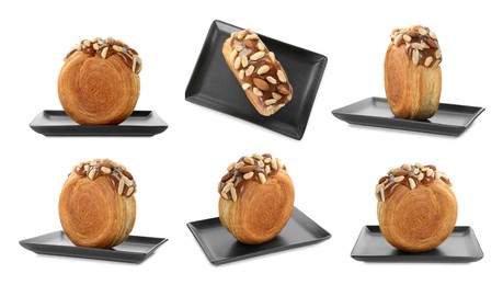 Image of Collection of round croissant isolated on white, top and side views. Puff pastry