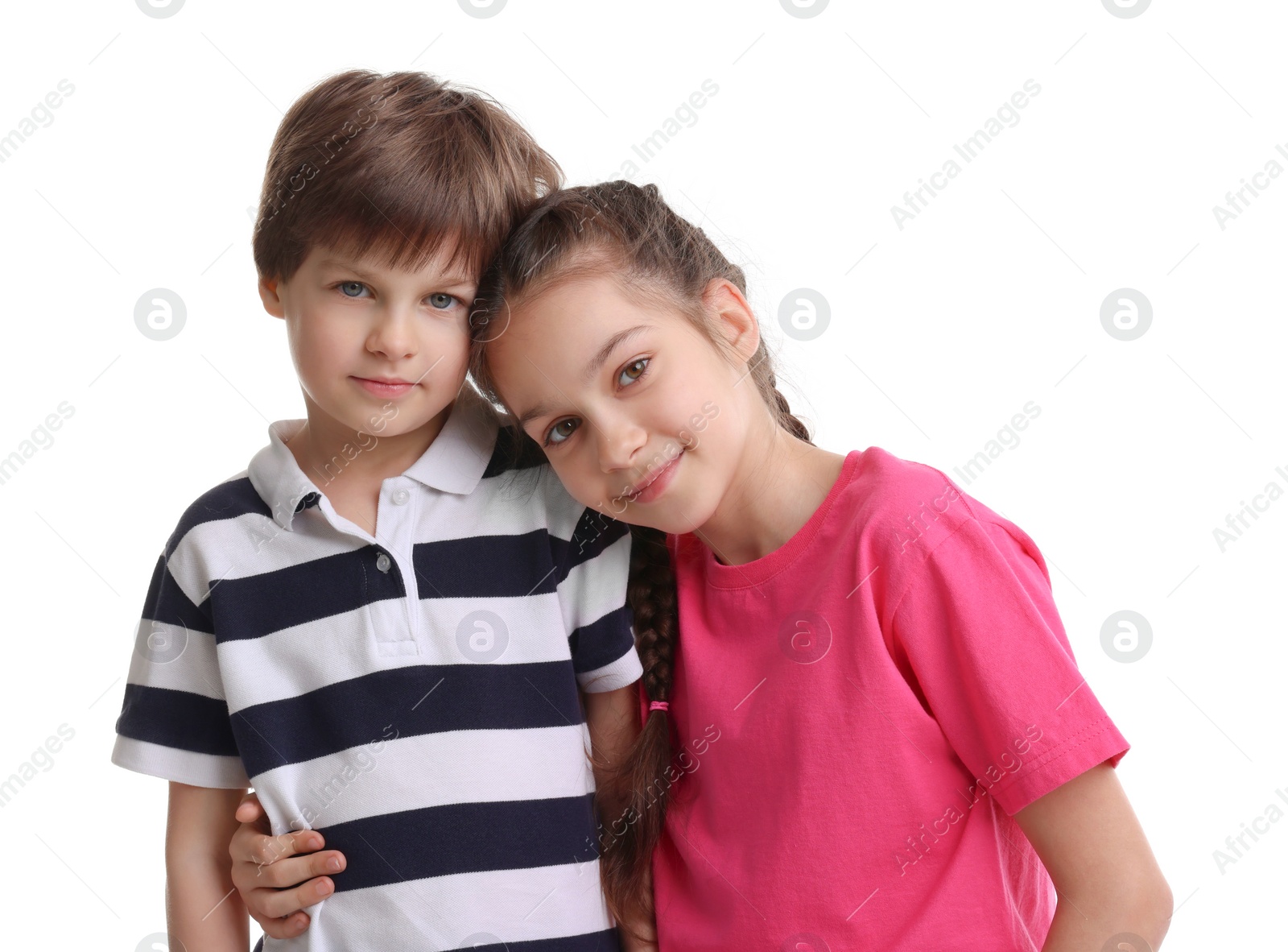 Photo of Happy brother and sister hugging on white background