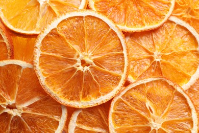Photo of Delicious dry orange slices as background, top view