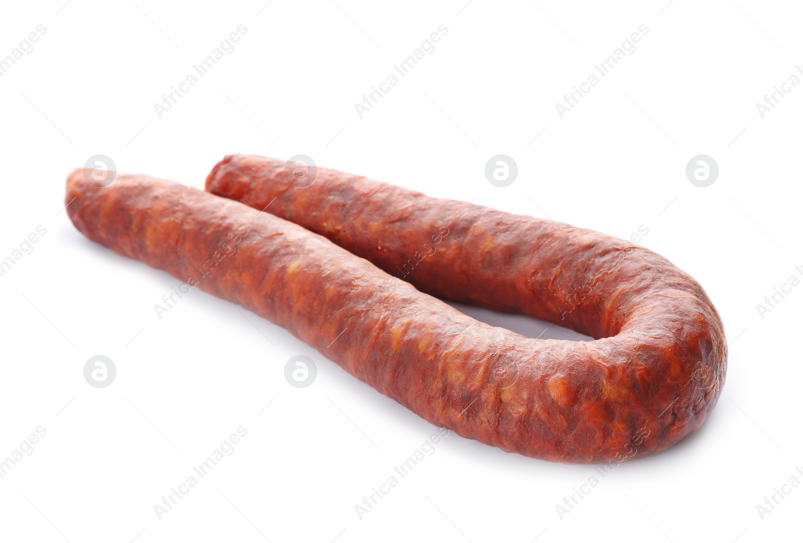 Photo of Tasty sausage on white background. Meat product