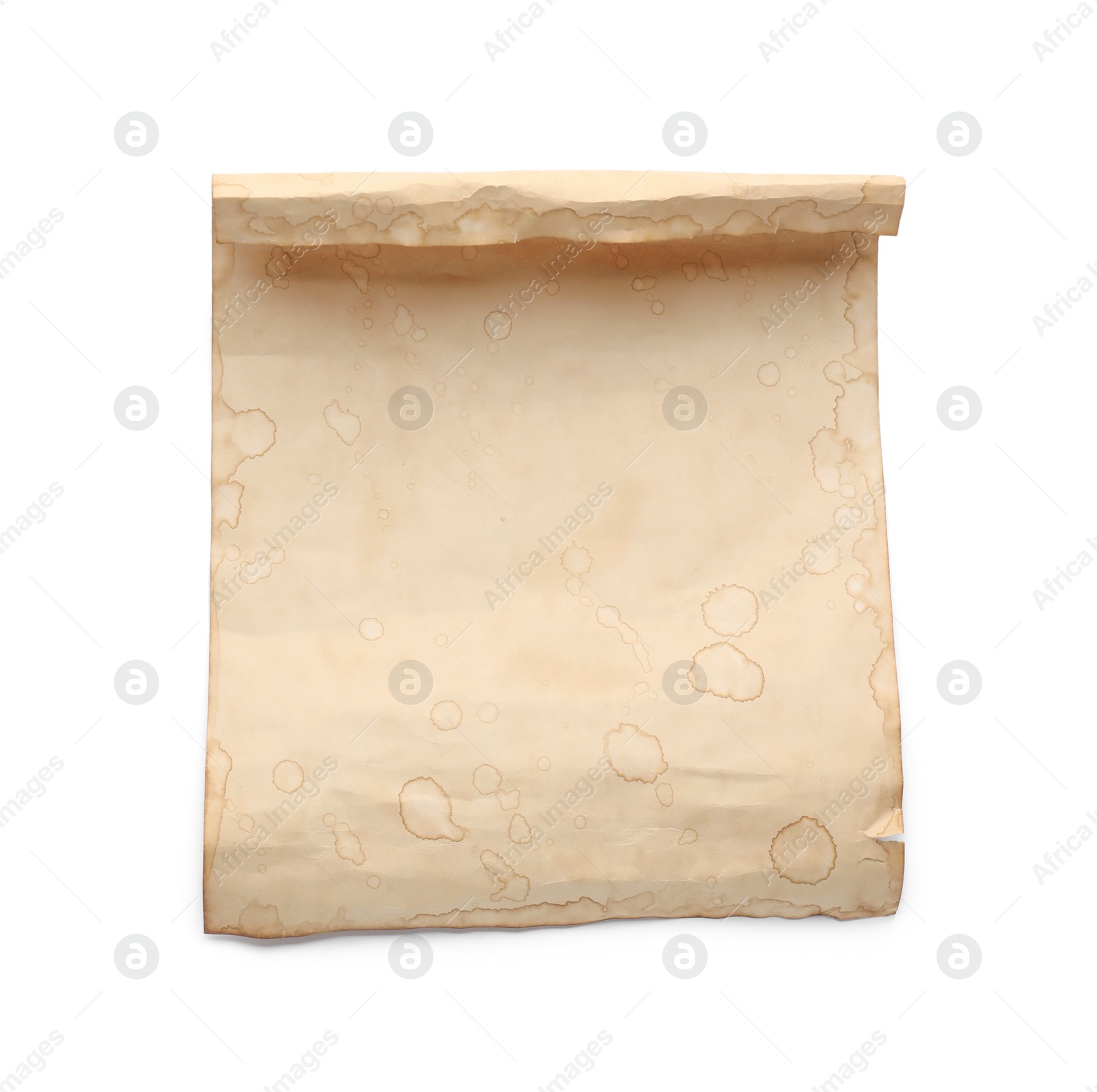 Photo of Sheet of old parchment paper isolated on white, top view. Space for design