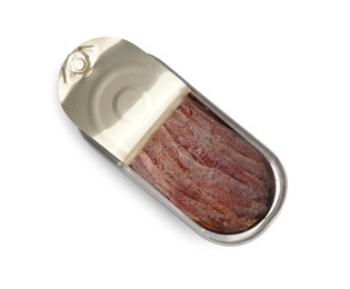 Photo of Open tin can of anchovy fillets isolated on white, top view