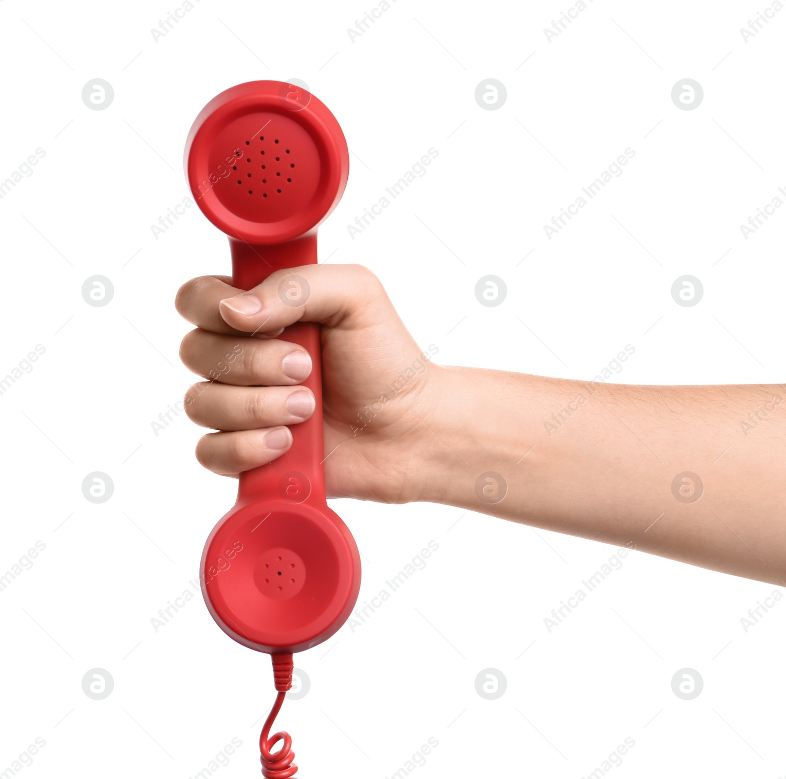 Photo of Woman holding red corded telephone handset on white background, closeup. Hotline concept