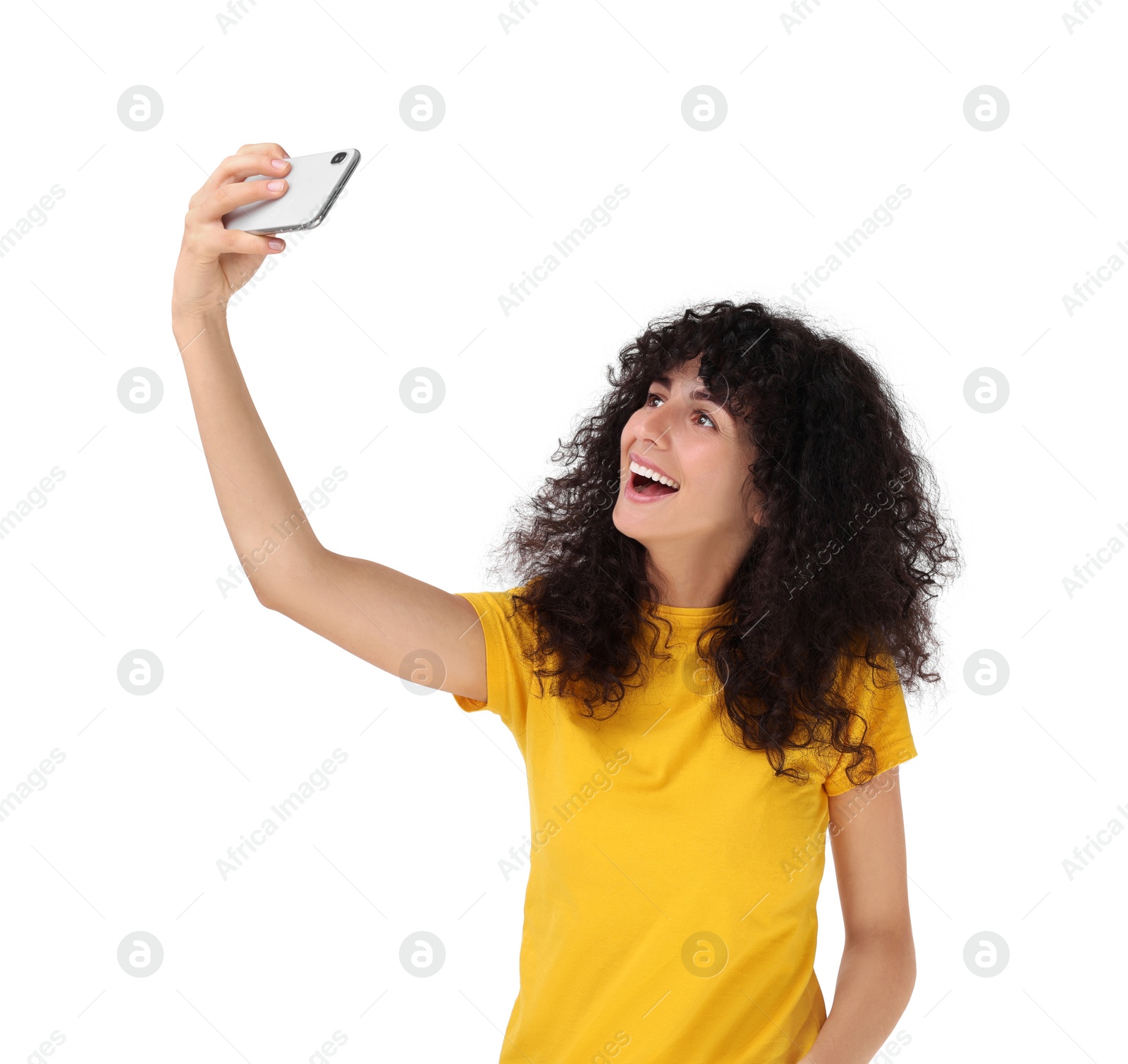 Photo of Beautiful young woman taking selfie on white background