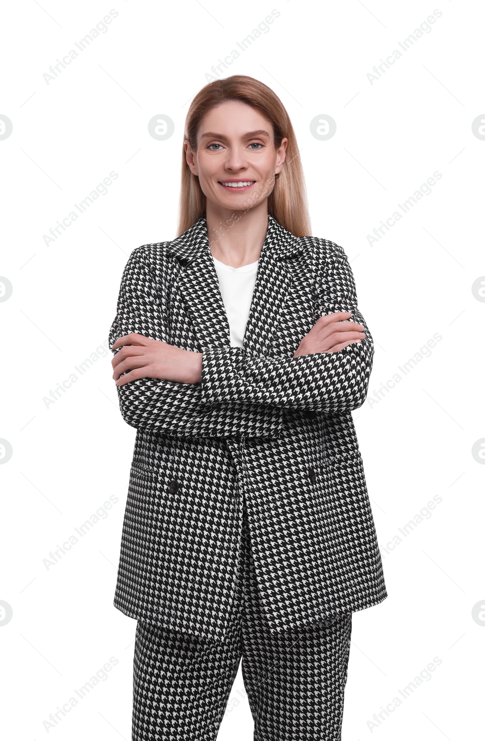 Photo of Beautiful happy businesswoman in suit on white background