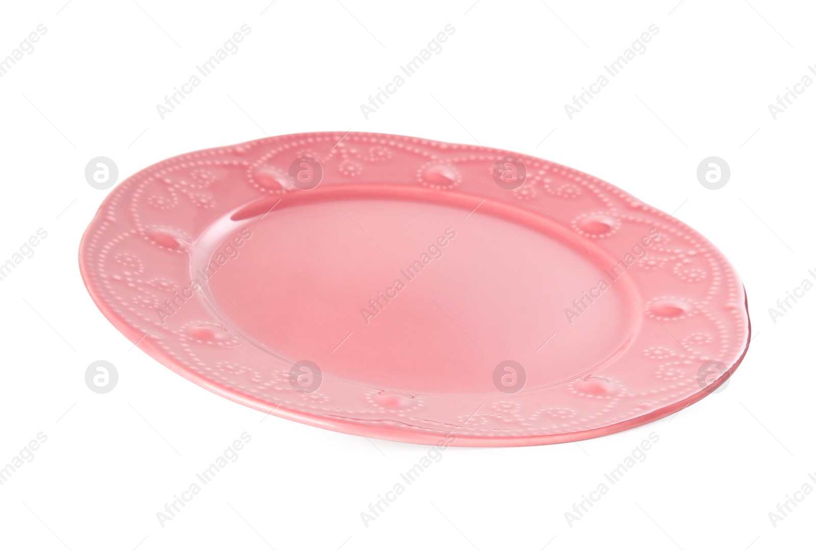 Photo of Clean empty pink plate isolated on white