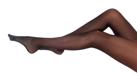 Photo of Woman wearing black tights on white background, closeup