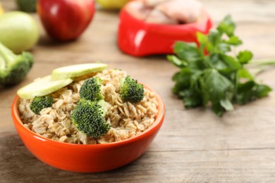 Photo of Feeding bowl with oatmeal porridge and vegetables on wooden table, space for text. Natural pet food