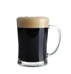 Glass mug with cold dark beer on white background