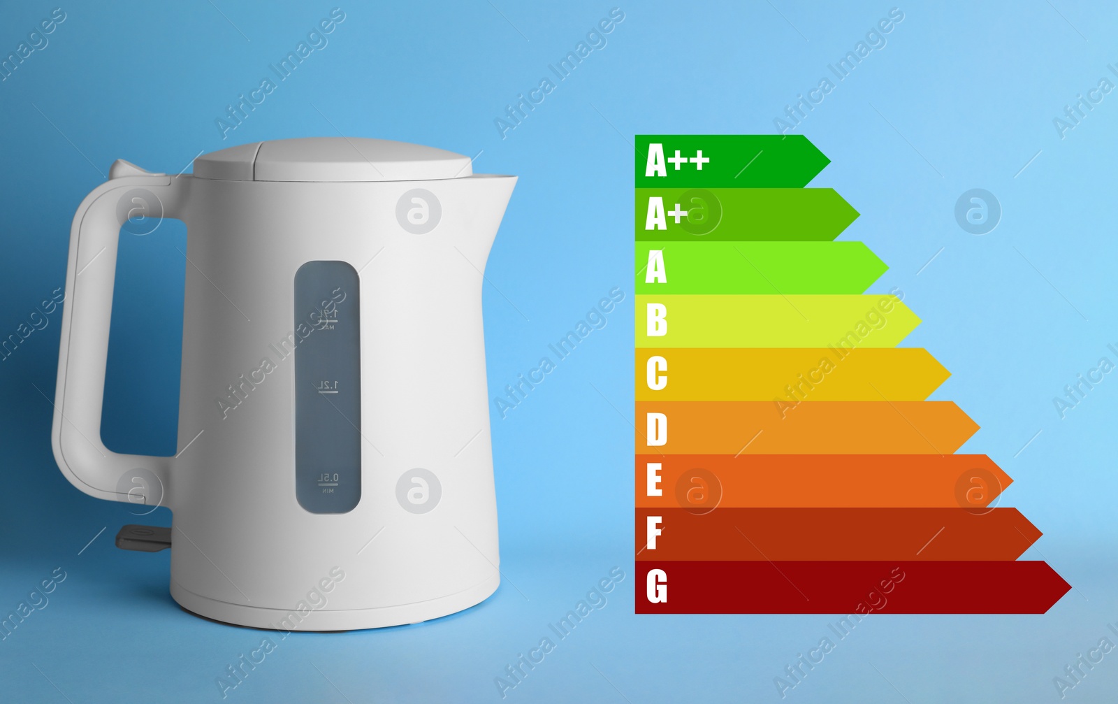 Image of Energy efficiency rating label and electric kettle on light blue background