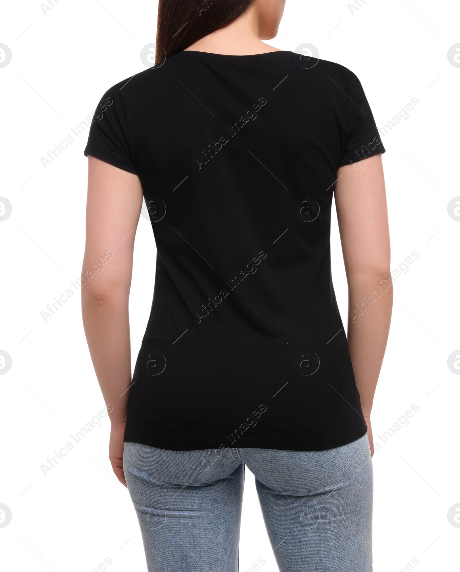 Photo of Woman wearing stylish black T-shirt on white background, closeup