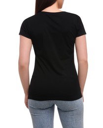 Photo of Woman wearing stylish black T-shirt on white background, closeup