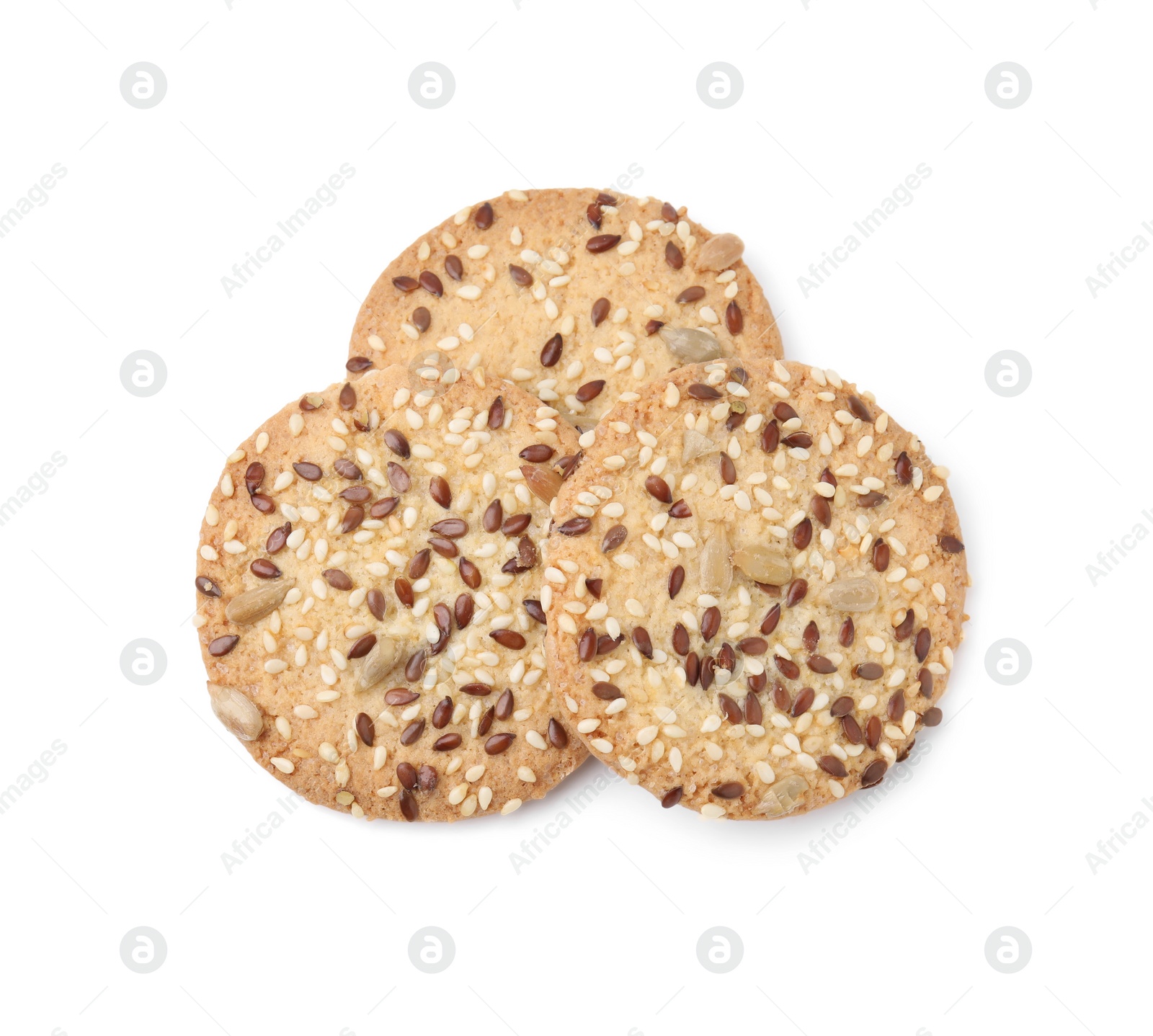 Photo of Round cereal crackers with flax, sunflower and sesame seeds isolated on white, top view