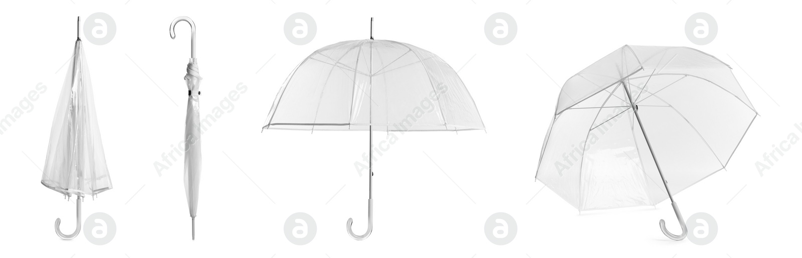 Image of Set with transparent umbrellas on white background. Banner design