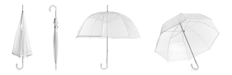 Image of Set with transparent umbrellas on white background. Banner design