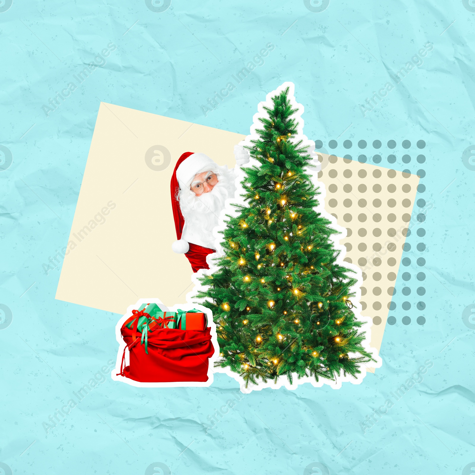 Image of Creative collage. Santa Claus hiding behind Christmas tree against color background