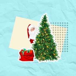 Image of Creative collage. Santa Claus hiding behind Christmas tree against color background