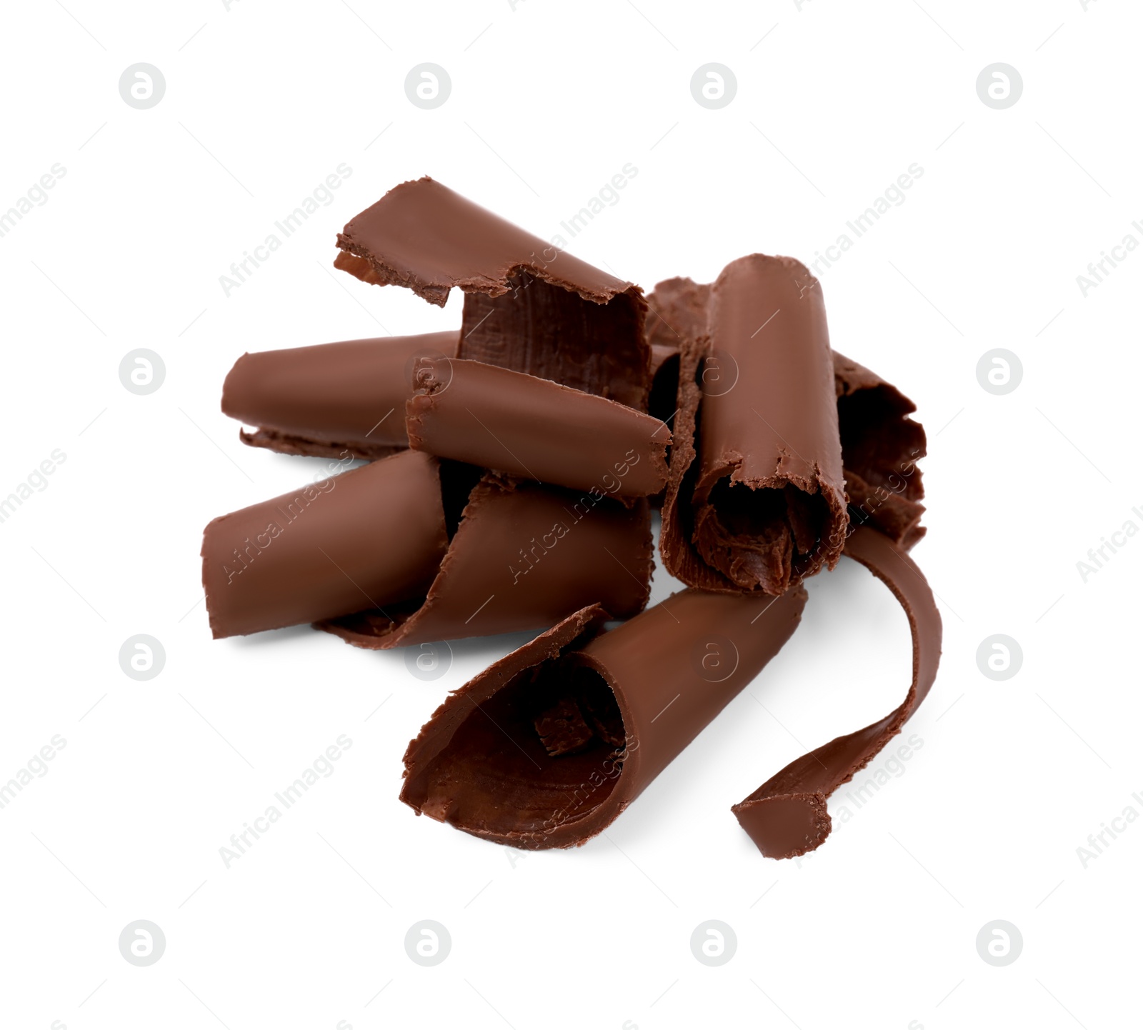 Photo of Pile of tasty chocolate shavings isolated on white