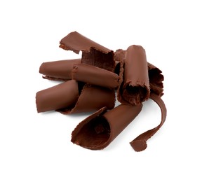 Photo of Pile of tasty chocolate shavings isolated on white