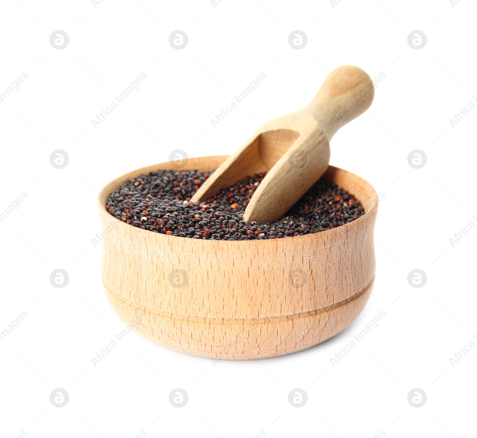 Photo of Bowl with black quinoa and scoop on white background