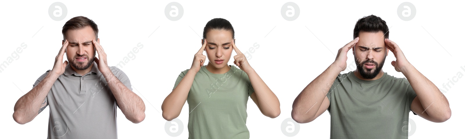 Image of Collage with photos of people suffering from headache on white background. Banner design