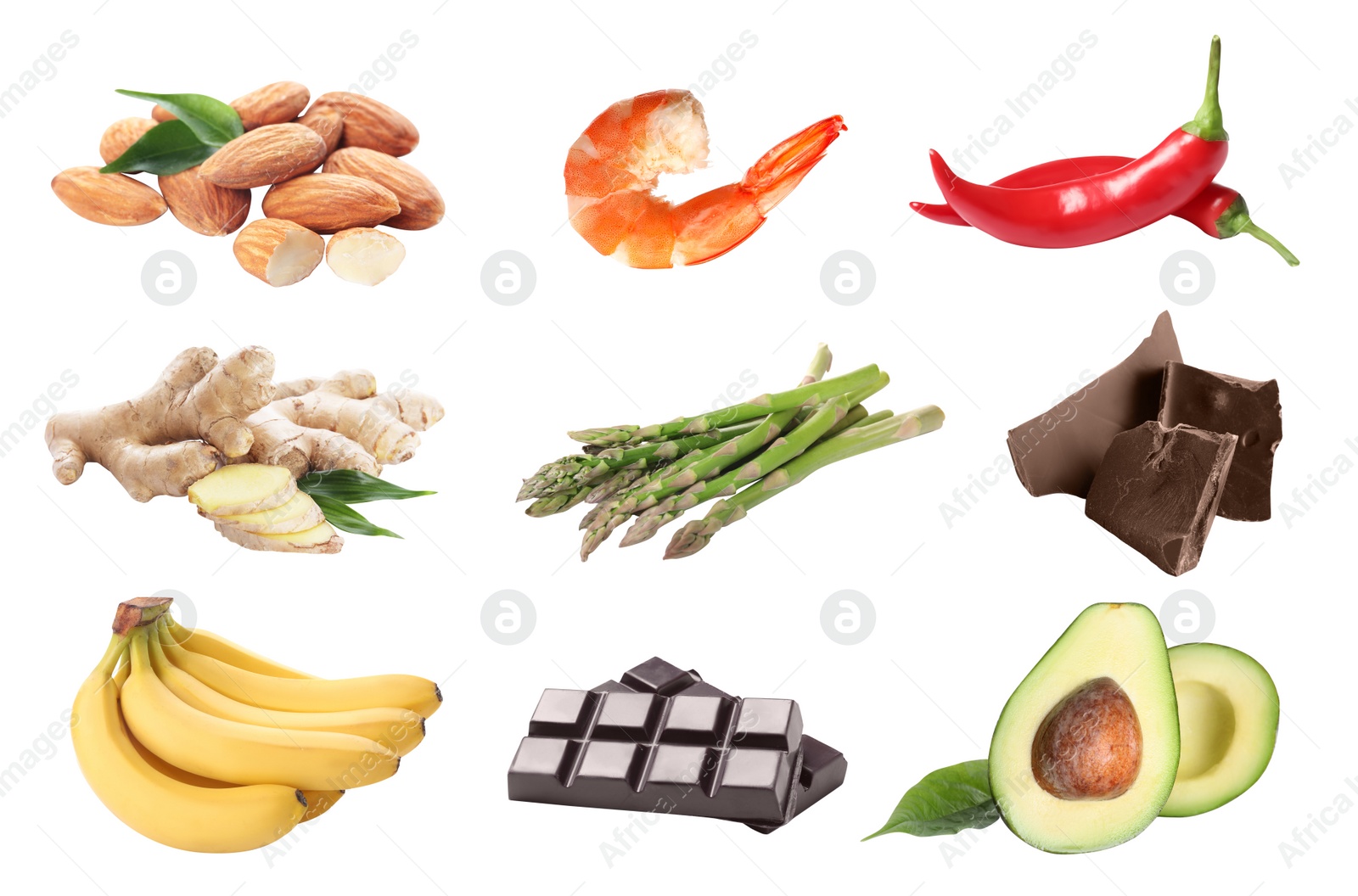 Image of Set with different aphrodisiac food for increasing sexual desire on white background 