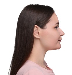 Young woman with beautiful hair on white background