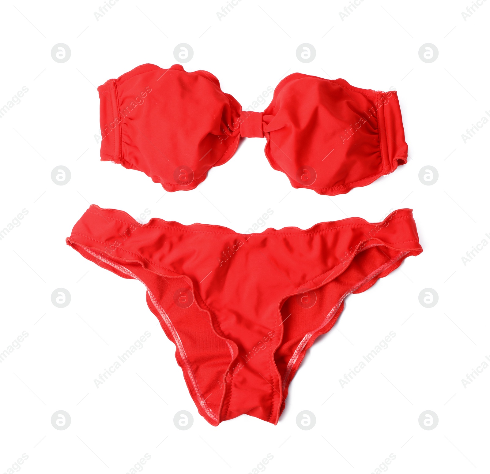 Photo of Beautiful swimsuit on white background. Beach object