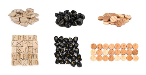 Image of Collage with sets of black stone and wooden runes on white background. Divination tool